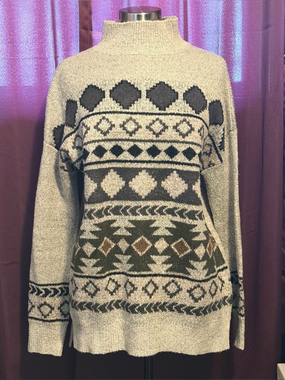Venus Geometric Mock Neck Knit Sweater Gray Multi